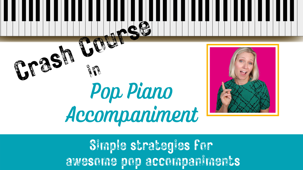 White and turquoise background with a picture of a piano keyboard on the top. Photo of Brenda Earle Stokes smiling with her finger pointing up. She is wearing a green and black shirt. Black and turquoise letters read "Crash Course in Pop Piano Accompaniment"