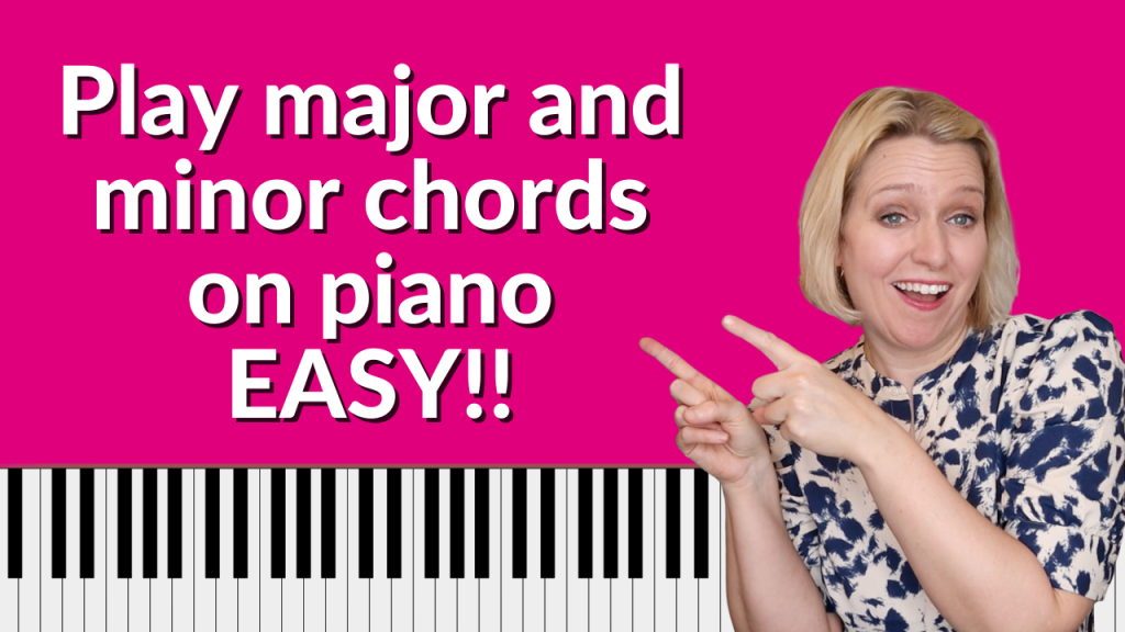 Pink background with piano keyboard at the bottom of the page. Photo of BRENDA EARLE Stokes pointing to white lettering that reads "Play major and minor chords on piano EASY!"