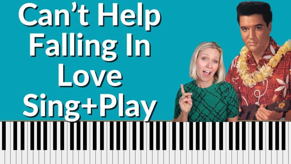 Blue background with piano keyboard on the bottom of the screen. Photo of Brenda Earle Stokes wearing a green shirt with a big smile on her face and her finger pointing. White letters say Can't Help Falling in Love Sing and Play with a photo of Elvis Presley.