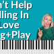 Blue background with piano keyboard on the bottom of the screen. Photo of Brenda Earle Stokes wearing a green shirt with a big smile on her face and her finger pointing. White letters say Can't Help Falling in Love Sing and Play with a photo of Elvis Presley.