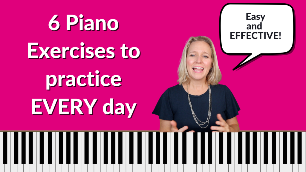 Hot pink background with a piano keyboard on the bottom of the thumbnail. Photo of Brenda Earle Stokes wearing a navy blue top. White lettering reads "6 piano exercises to practice every day"