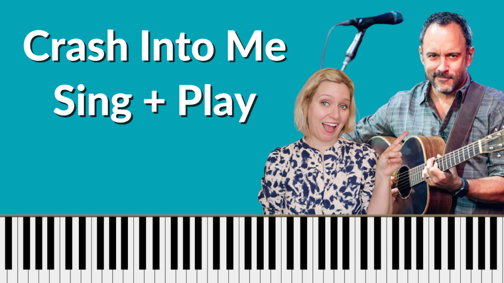 Blue background with white letters that read "Crash Into Me Sing and Play" Photo of Brenda Earle Stokes pointing to a photo of Dave Matthews playing his guitar.