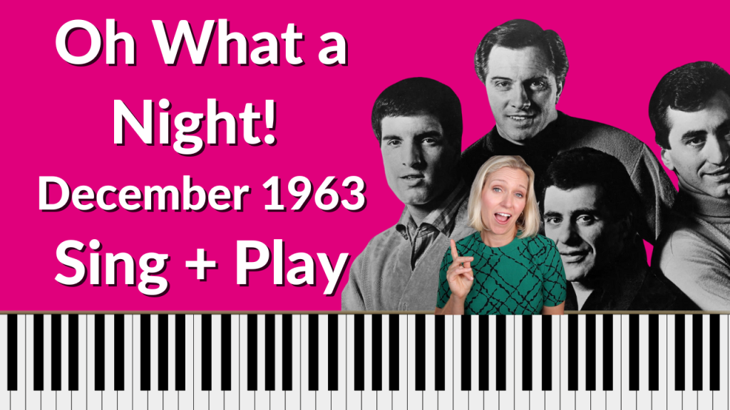 Pink background with a piano keyboard on the bottom of the thumbnail. White letters read "Oh What a Night December 1963 Sing+Play". Photo of Brenda Earle Stokes standing in front of a black and white photo of Frankie Valli and the Four Seasons.