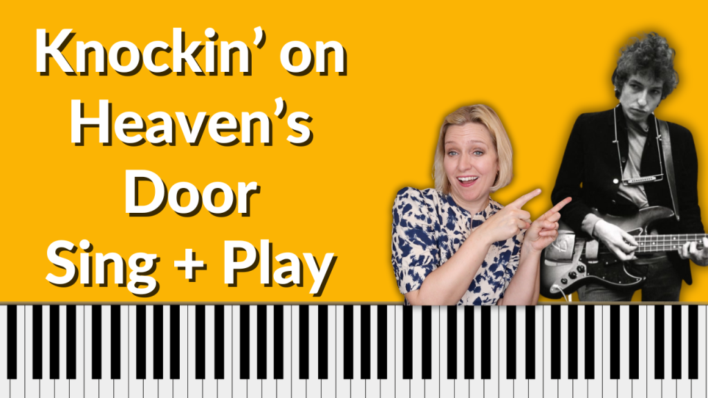 Bright yellow background with a large piano keyboard on the bottom of the thumbnail. Black and white photo of Bob Dylan playing guitar with a color photo of Brenda Earle Stokes pointing to him with both fingers with an enthusiastic look on her face. White letters read "Knockin' on Heaven's Door Sing+Play"