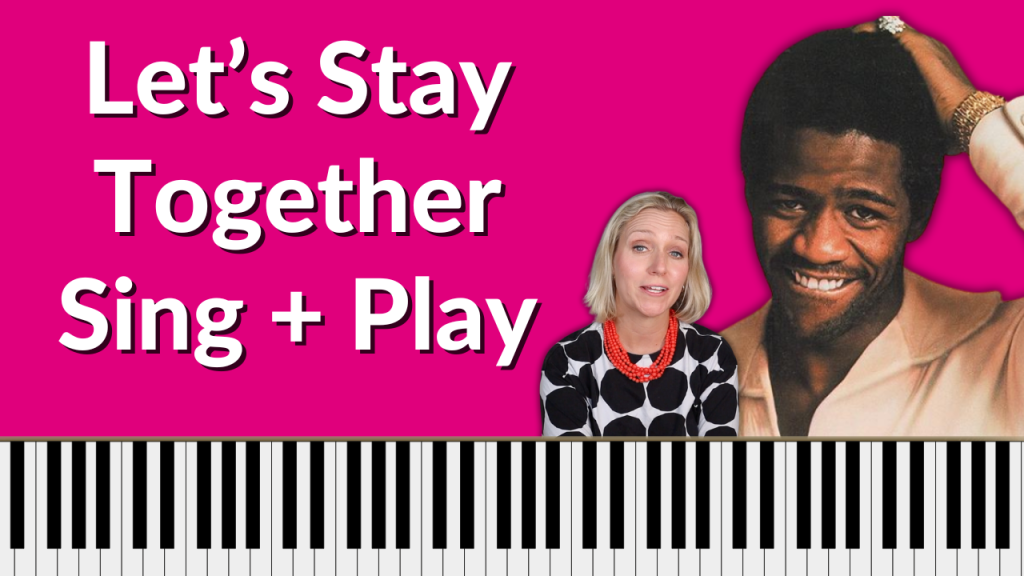Pink background with large piano keyboard at the bottom of the thumbnail. Photo of Al Green with photo of Brenda Earle Stokes smiling. While lettering reads "Let's stay together sing and play"