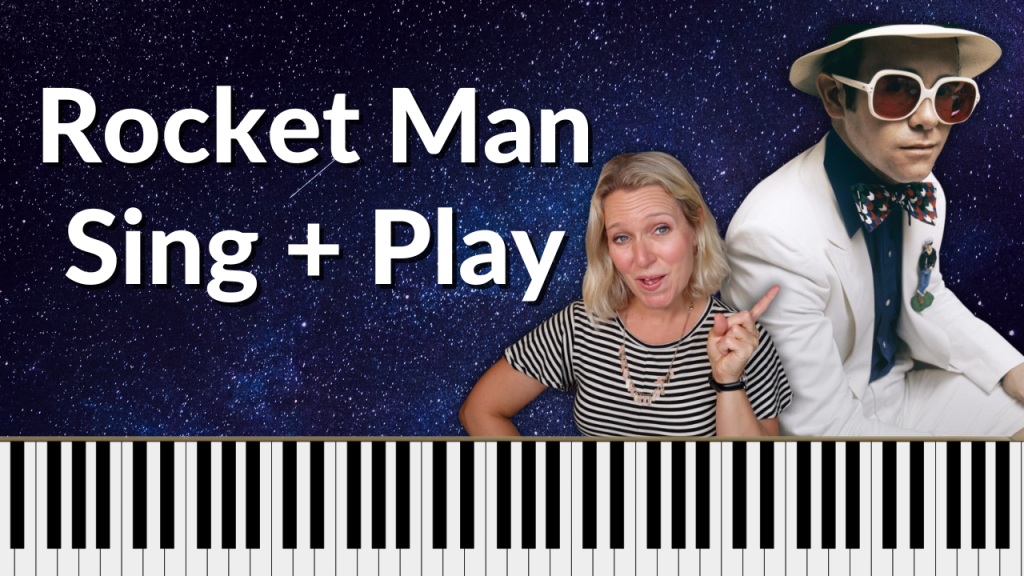 Dark night sky background with a piano keyboard on the bottom of the thumbnail. Photo of a young Elton John with a photo of Brenda Earle Stokes pointing to him over her shoulder. White lettering reads "Rocked Man Sing+Play"