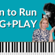 Blue background with piano keyboard on the bottom. Photo of Bruce Springsteen leaning with guitar in his hands. Photo of Brenda Earle Stokes with a silly look on her face pointing to Bruce. White letting reads "Born to Run SING+PLAY"