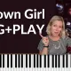 Black background with photo of Billy Joel and Christy Brinkley on a motorcycle. Silly photo of Brenda Earle Stokes making a funny face and pointing her finger up in the air. There is a piano keyboard on the bottom of the frame and the while letters read "Uptown Girl Sing+Play"