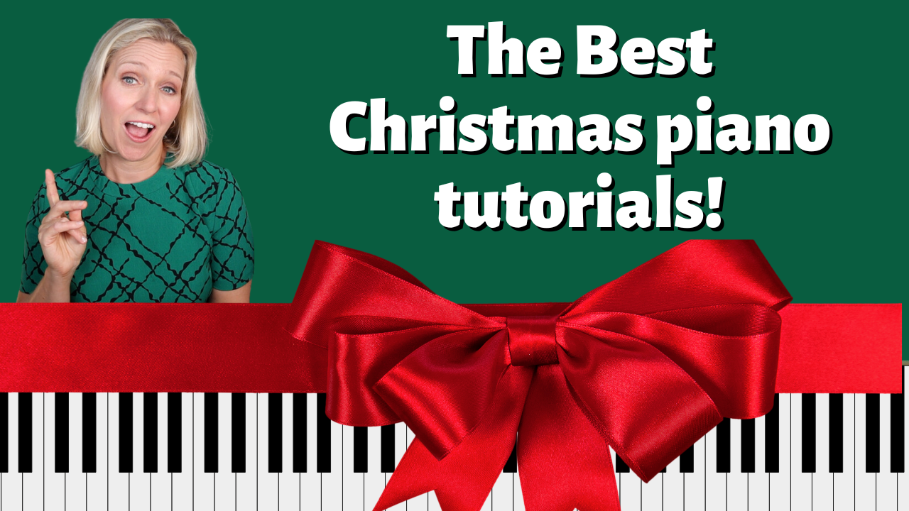 Green background with piano keyboard on the Bottom and a giant red ribbon in the middle. Photo of Brenda Earle Stokes with her finger pointing up. White lettering reads "The best Christmas piano tutorials"