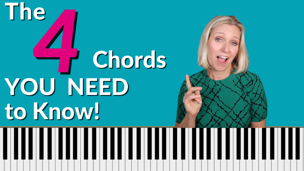 Turquoise background with piano keyboard on the bottom. Photo of Brenda Earle Stokes with her finger sticking up, smiling from ear to ear. White lettering reads "The four chords you need to know!"