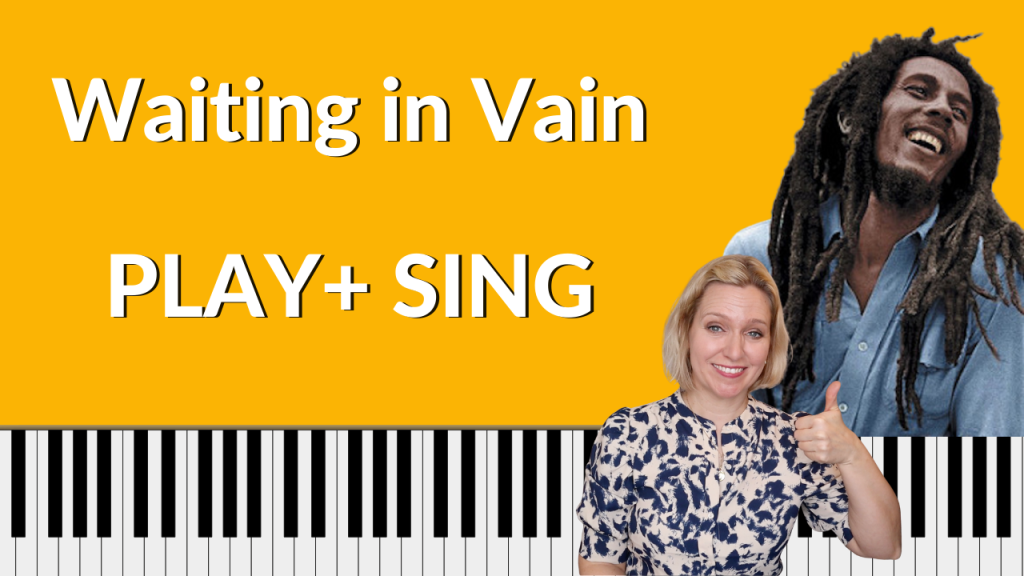 Yellow background with a piano keyboard on the bottom. Photo of Bob Marley wearing a blue shirt with a photo of Brenda Earle Stokes wearing a blue and white shirt with her thumb up. While lettering reads "Waiting in Vain PLAY + SING"